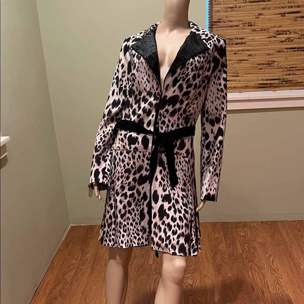 Alberto Malaki Leopard Print Belted Blazer Coat in Black cream beige Size 12